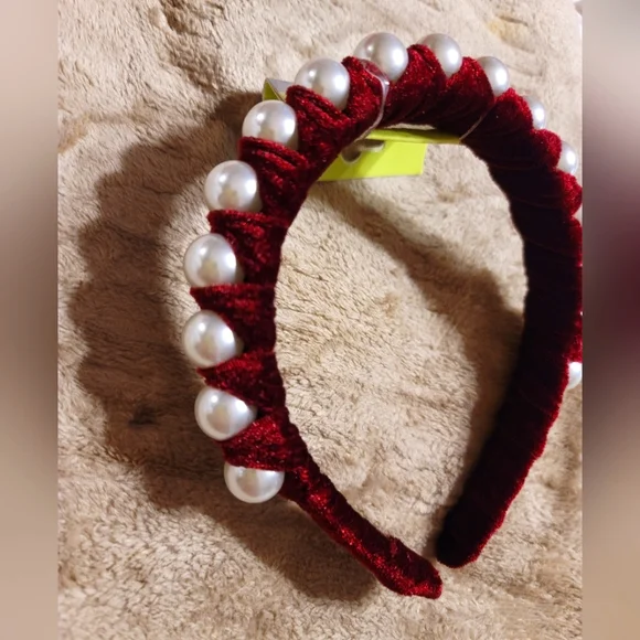 NWT OVERSIZED FAUX PEARL BURGUNDY VELVET HEADBAND HAIR HAT VEIL FASCINATOR - Picture 1 of 7
